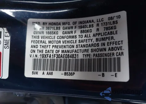 2010 Honda Civic Vp from USA, damaged, VIN 19XFA1F30AE084831